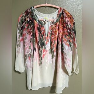 Fig And Flower Blouse Women’s 1X Beige Pink Green Abstract Flowy Chiffon